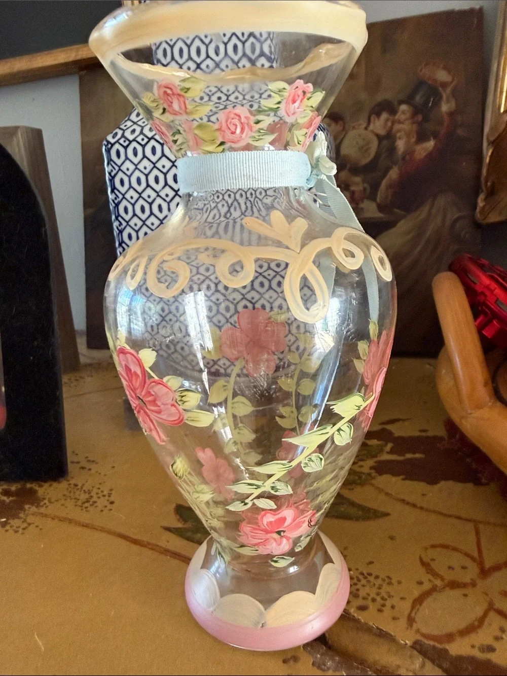 Tracy Porter Clear Glass Vase with Pink Floral Motif and Pale Blue Ribbon